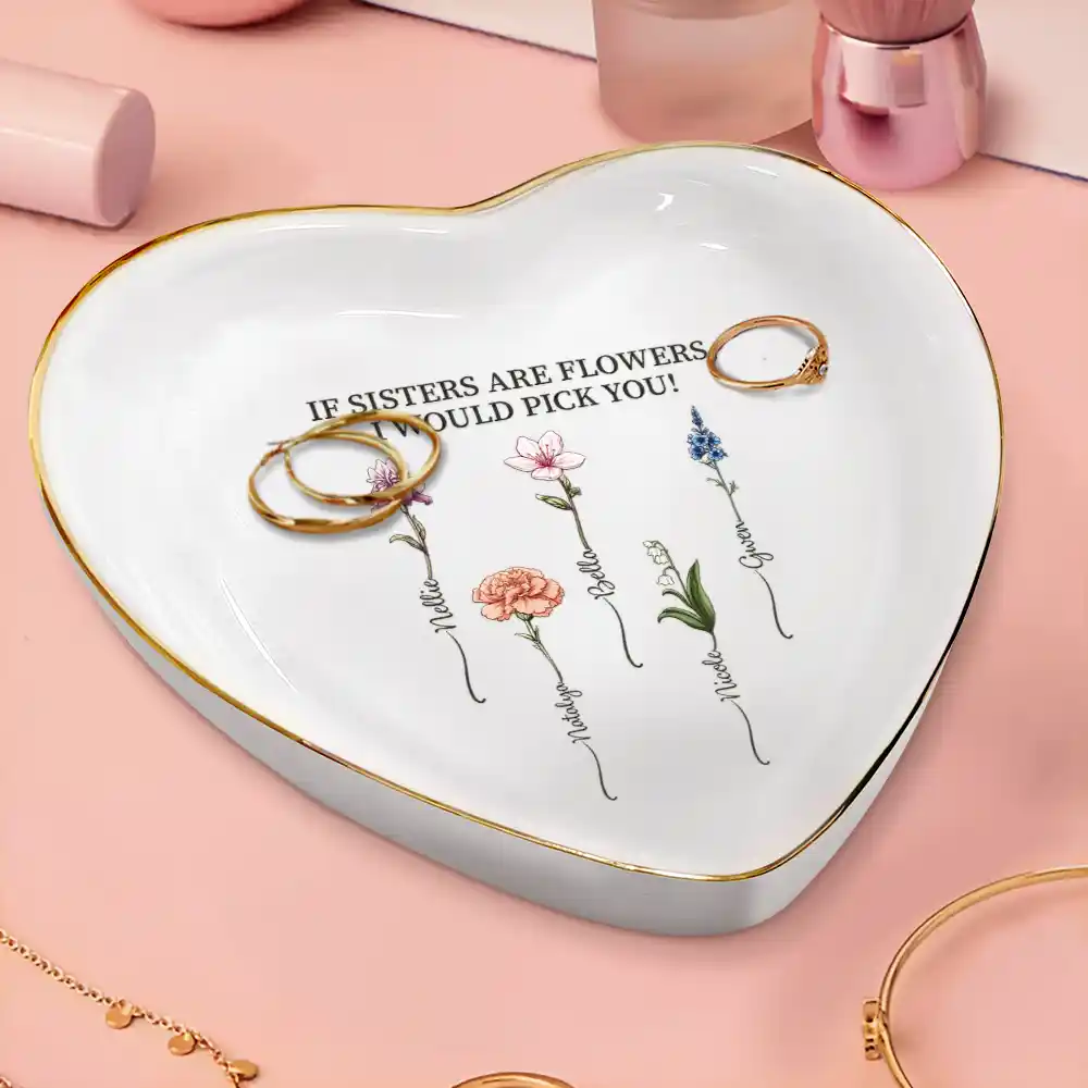 Birth Flower Sisters From The Same Garden - Personalized Heart Ring Dish - Image 3