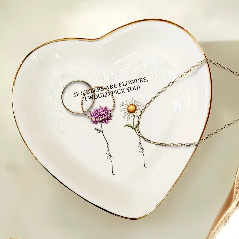 Birth Flower Sisters From The Same Garden - Personalized Heart Ring Dish - Image 4