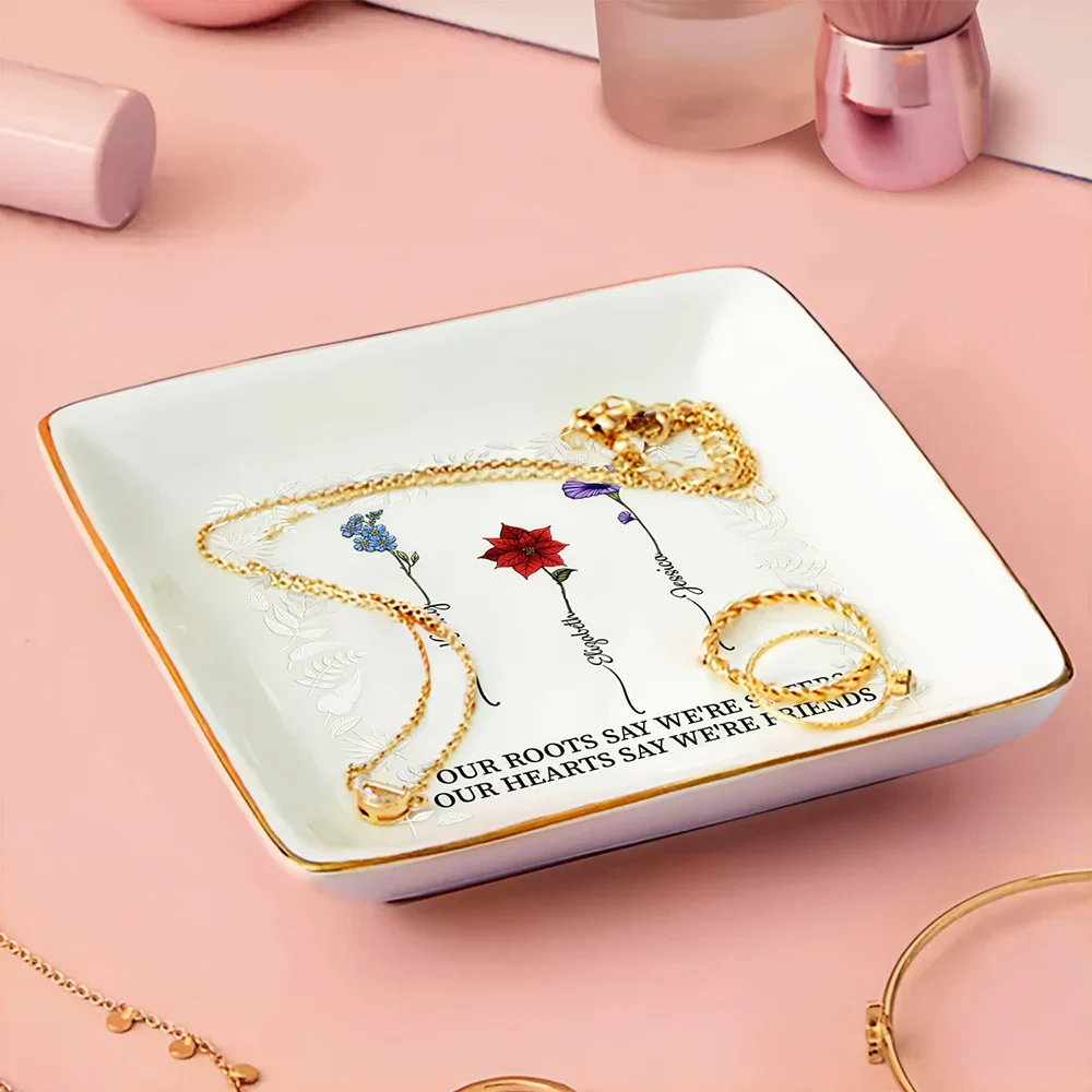 Birth Flower Sisters From The Same Garden - Personalized Ring Dish - Image 3