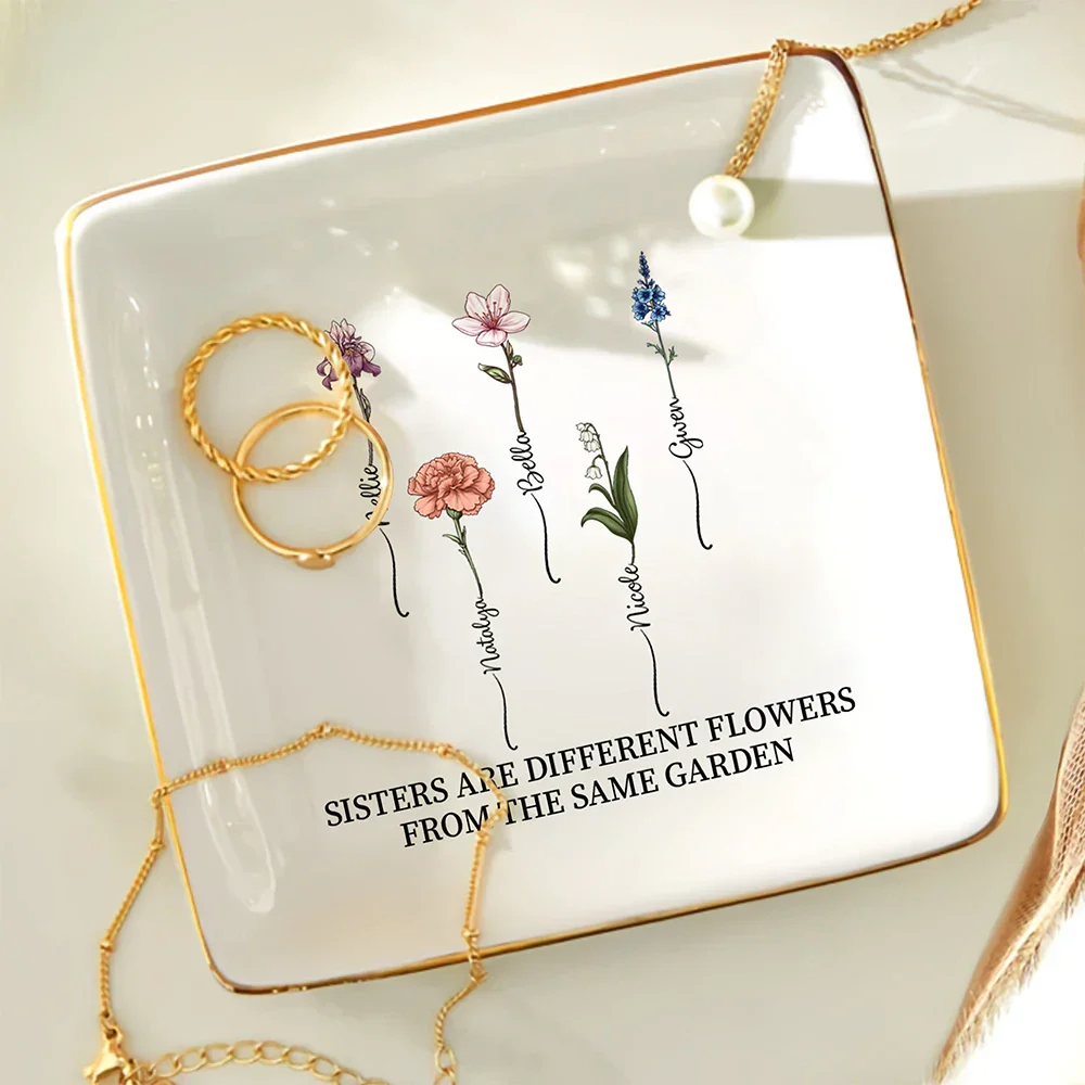 Birth Flower Sisters From The Same Garden - Personalized Ring Dish - Image 4
