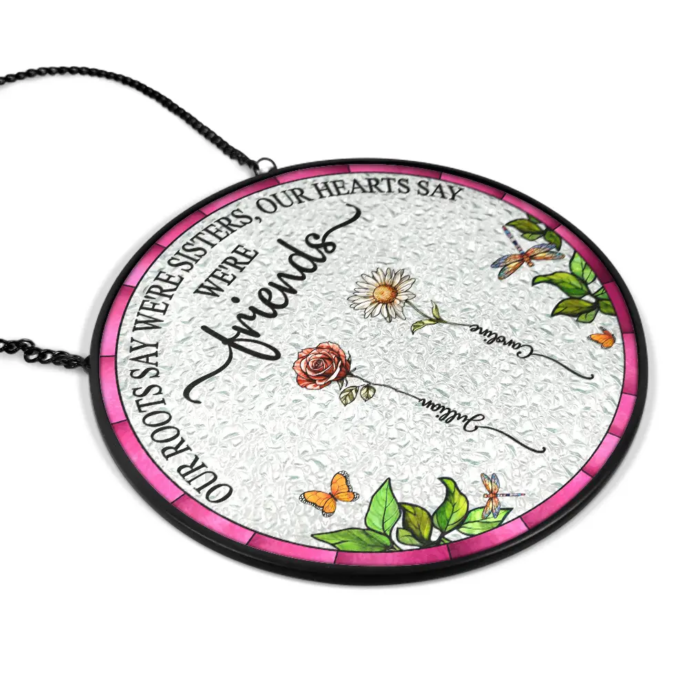 Birth Flower Sisters From The Same Garden - Personalized Stained Glass Window Hanging Suncatcher - Image 2