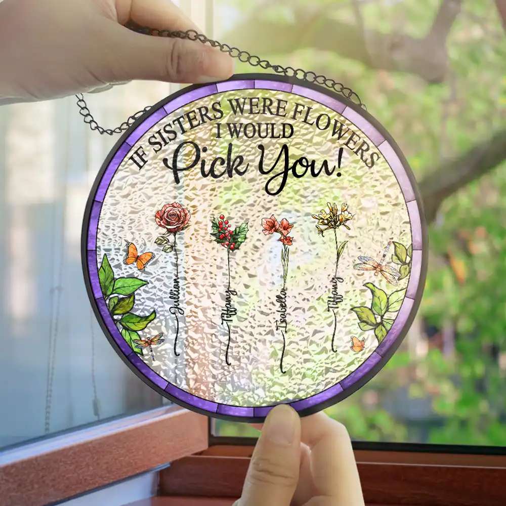 Birth Flower Sisters From The Same Garden - Personalized Stained Glass Window Hanging Suncatcher - Image 3
