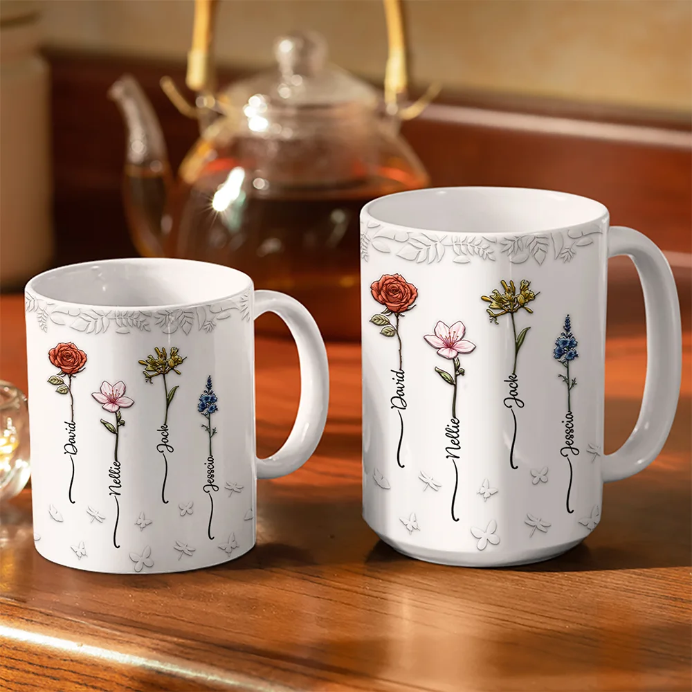 Birth Flowers For Mom, Grandma, Besties - 3D Embossed Effect Printed Mug, Personalized White Edge-to-Edge Mug - Image 3