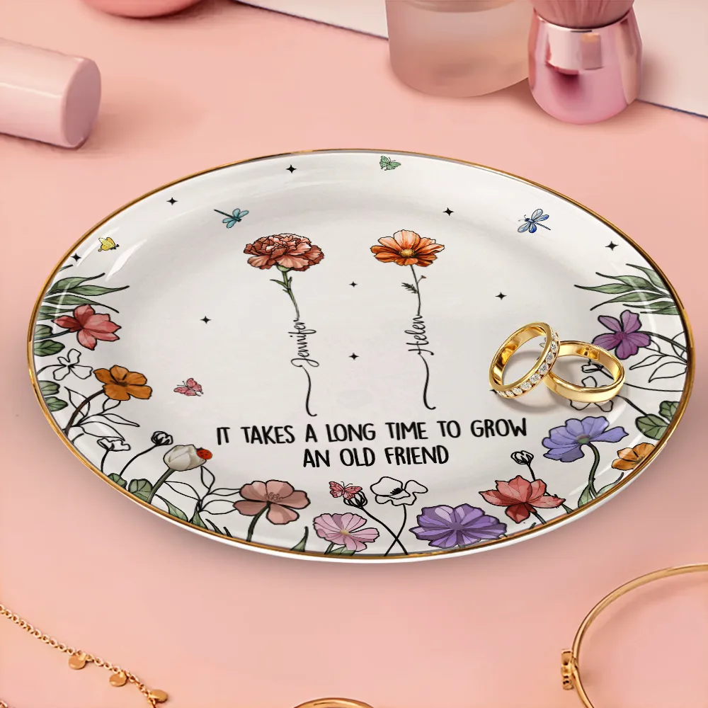 Birth Flowers Grow An Old Friend - Personalized Round Ring Dish - Image 3