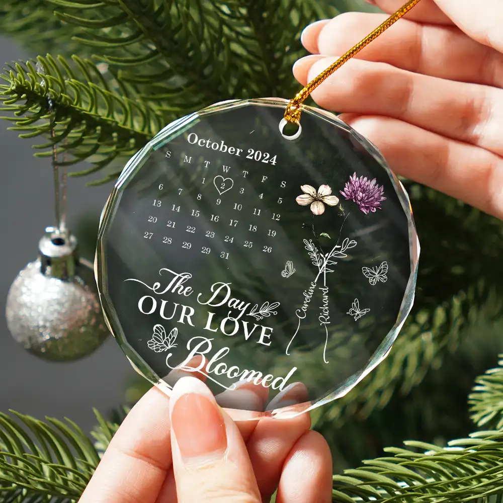 Birth Flowers With Calendar Our Love Bloomed - Personalized Circle Glass Ornament - Image 2