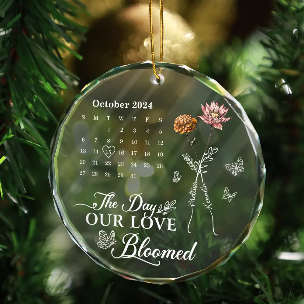 Birth Flowers With Calendar Our Love Bloomed - Personalized Circle Glass Ornament - Image 3