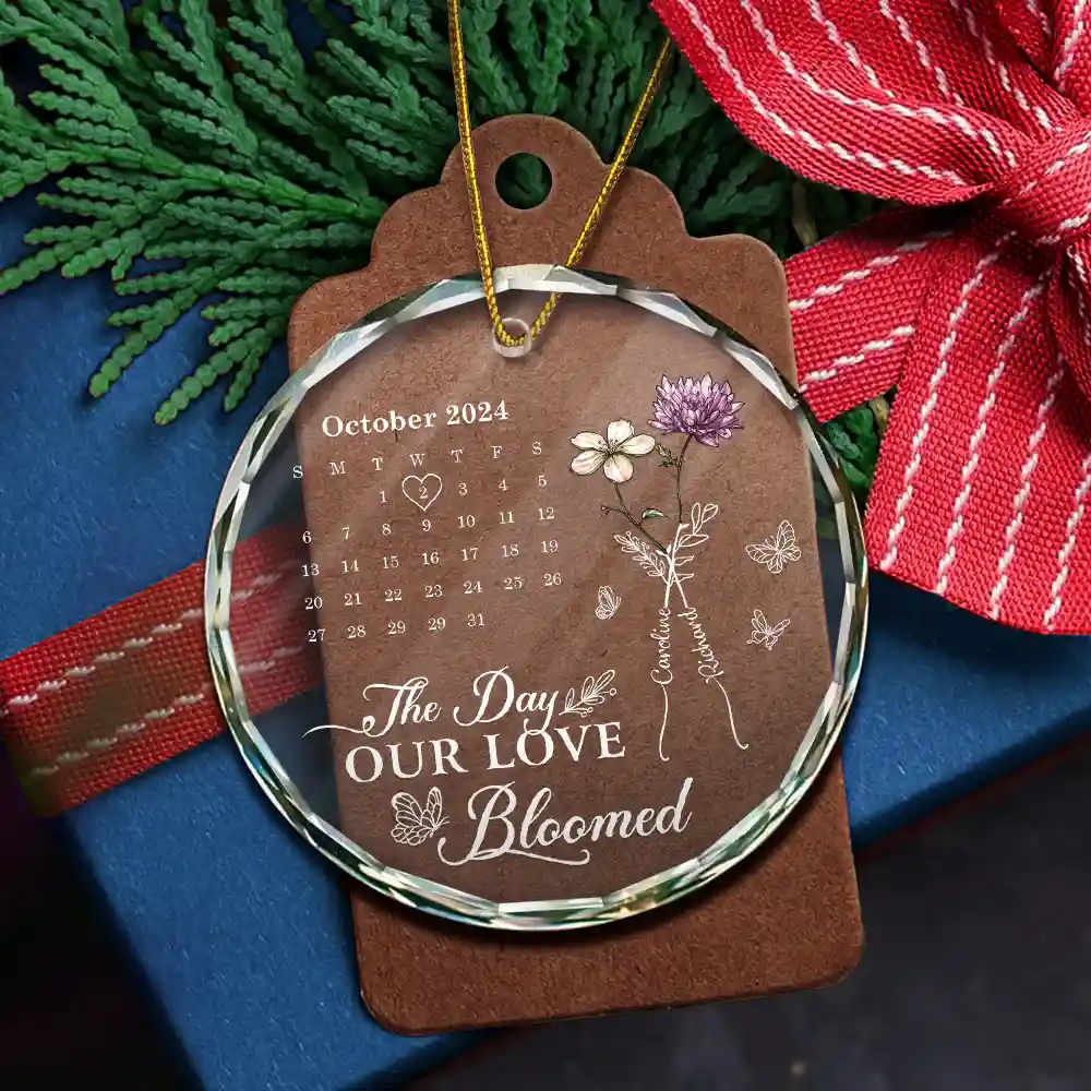 Birth Flowers With Calendar Our Love Bloomed - Personalized Circle Glass Ornament - Image 5