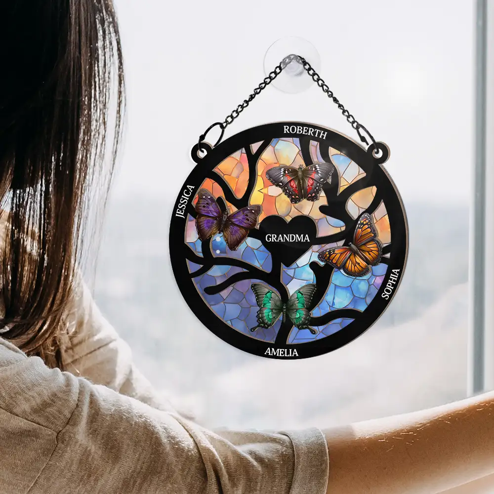 Birth Month Butterflies Nana Mom - Personalized Window Hanging Suncatcher Ornament - Image 4
