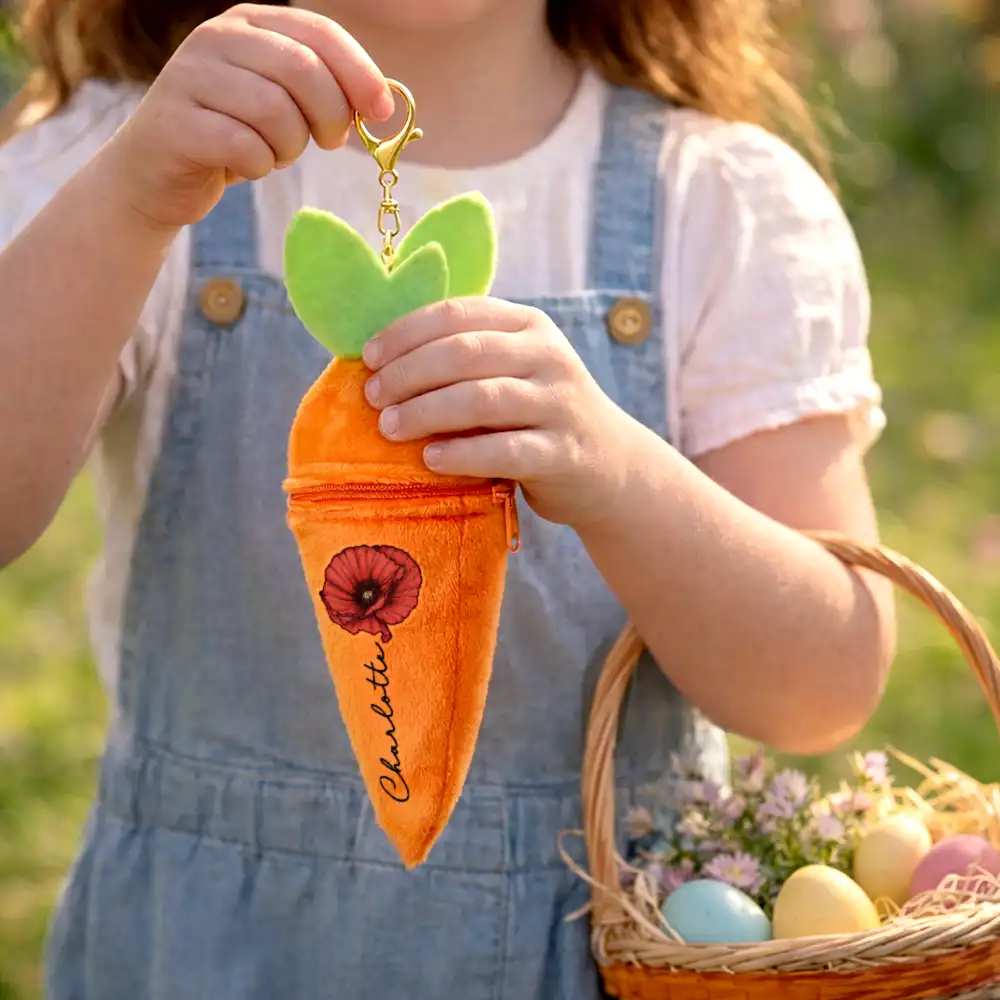 Birth Month Flower And Name - Personalized Plush Reversible Carrot Bunny Keychain - Image 4