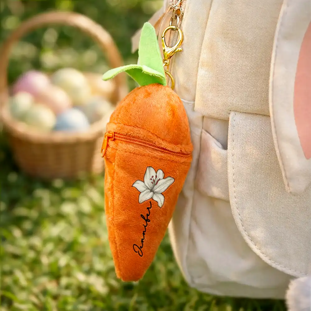 Birth Month Flower And Name - Personalized Plush Reversible Carrot Bunny Keychain - Image 6