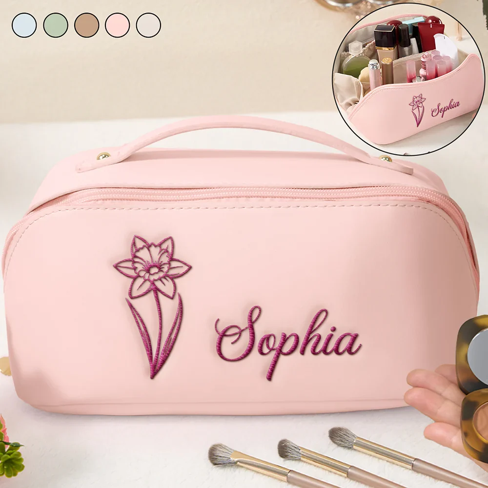 Birth Month Flower Blooming In Love - Personalized Embroidered Leather Makeup Bag