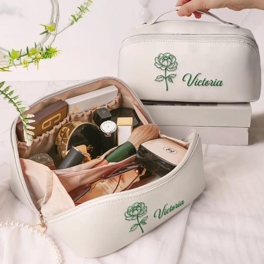 Birth Month Flower Blooming In Love - Personalized Embroidered Leather Makeup Bag - Image 2
