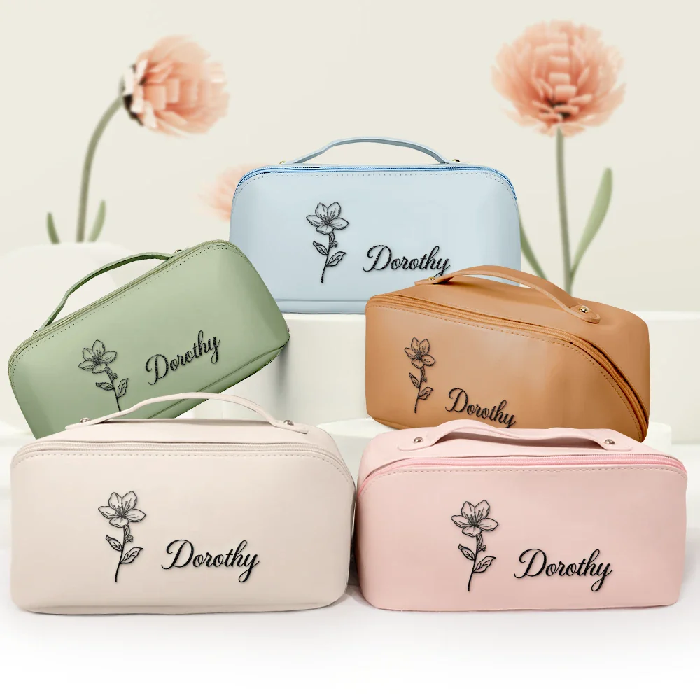 Birth Month Flower Blooming In Love - Personalized Embroidered Leather Makeup Bag - Image 3