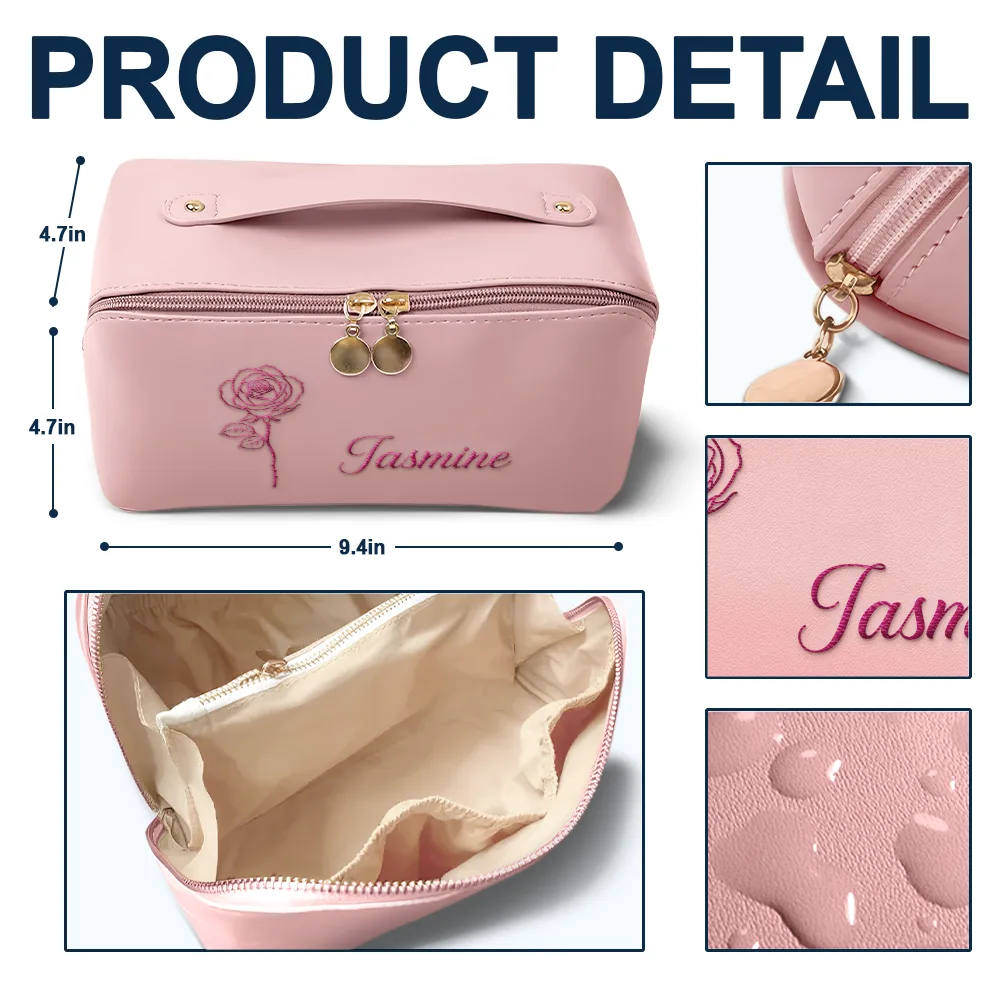 Birth Month Flower Blooming In Love - Personalized Embroidered Leather Makeup Bag - Image 4