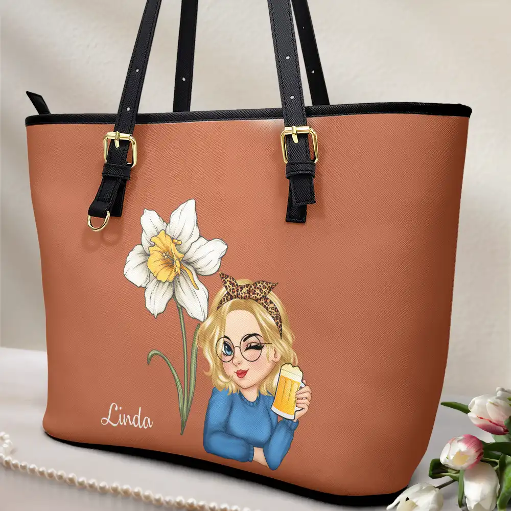 Birth Month Flower Blooming - Personalized Leather Tote Bag - Image 2