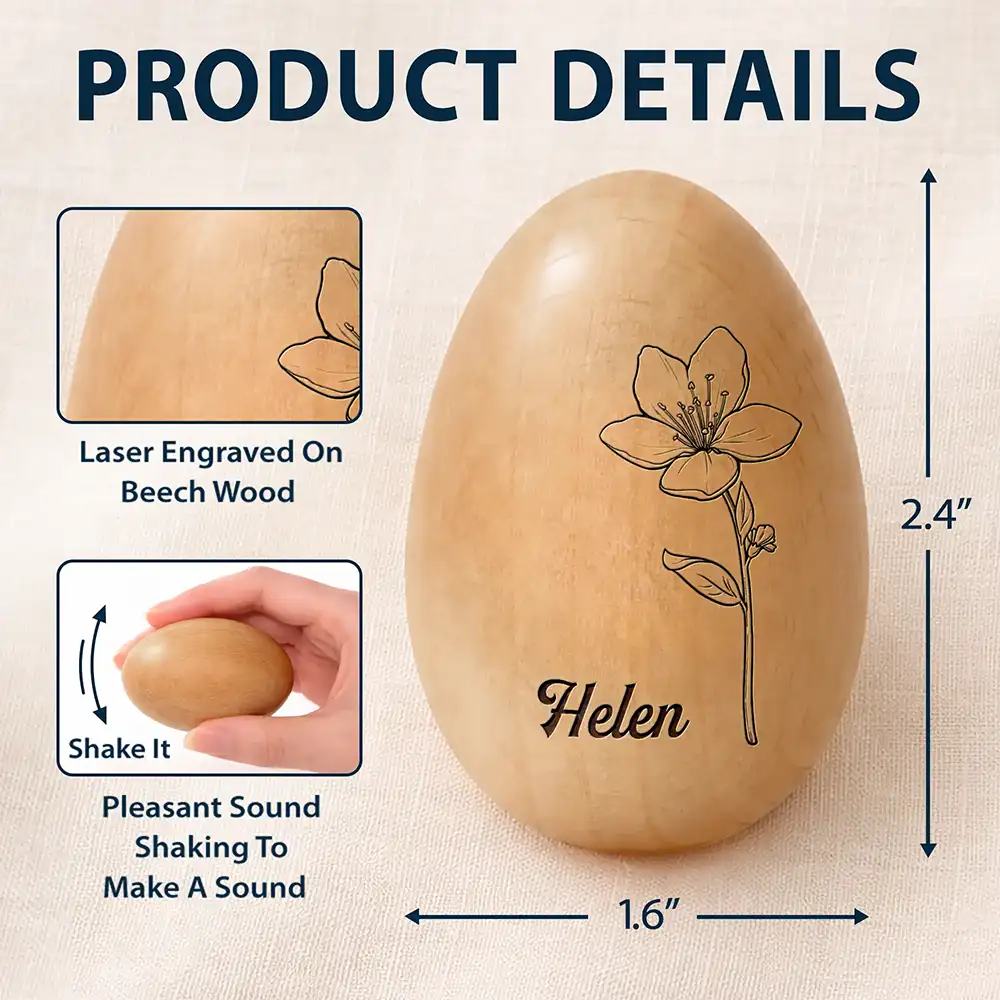 Birth Month Flower Blooms - Personalized Musical Wooden Easter Egg Shaker - Image 5