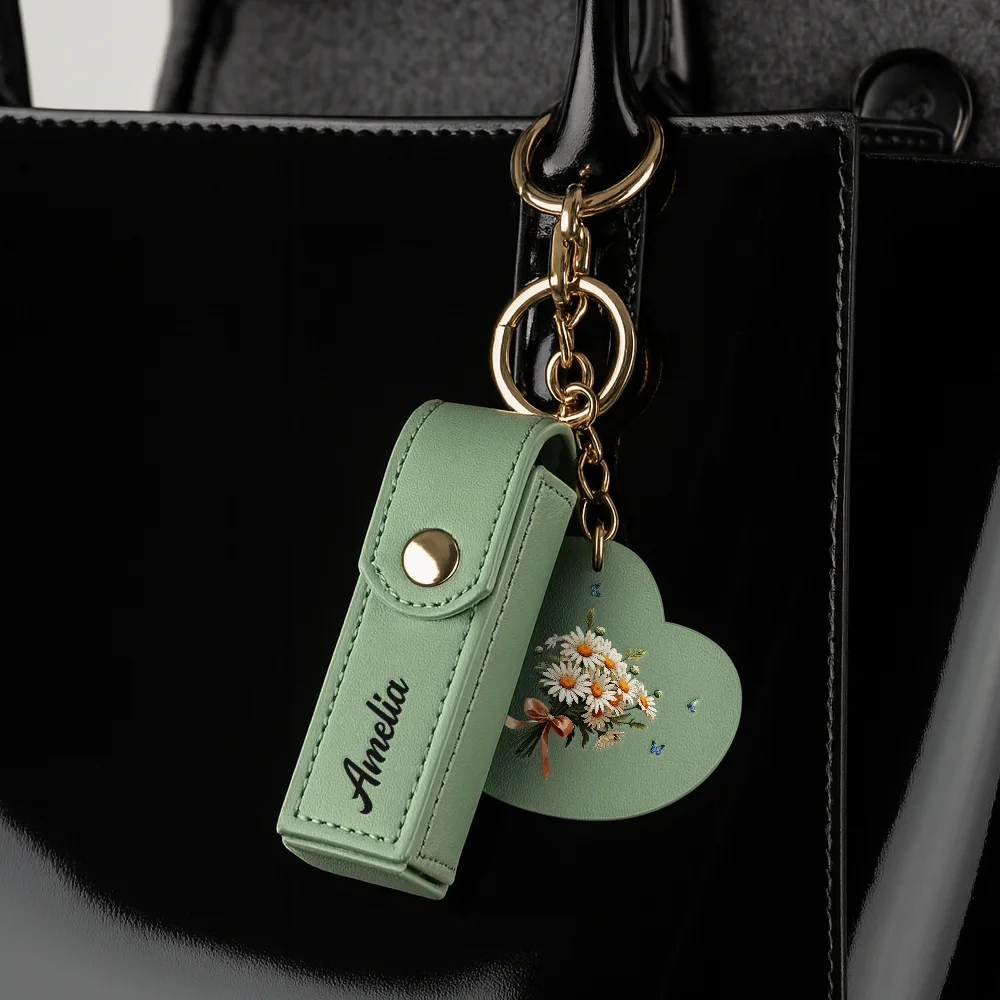 Birth Month Flower Bouquet With Name - Personalized Leather Lipstick Case Keychain With Mirror - Image 4