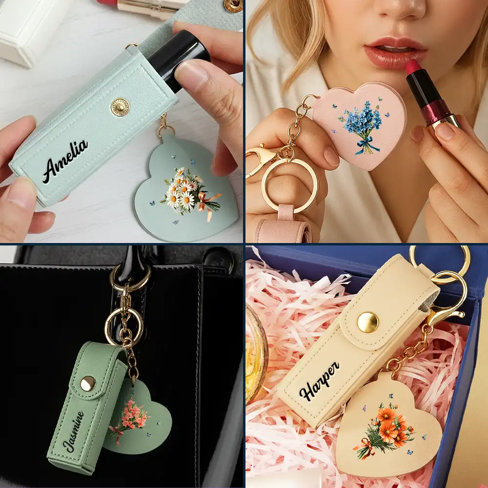 Birth Month Flower Bouquet With Name - Personalized Leather Lipstick Case Keychain With Mirror - Image 6