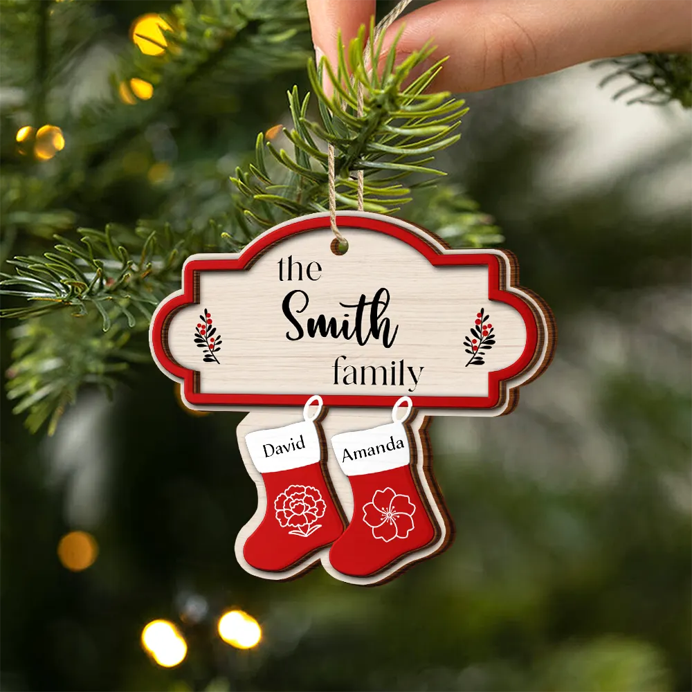 Birth Month Flower Family Stockings - Personalized 2-Layered Wooden Ornament - Image 2