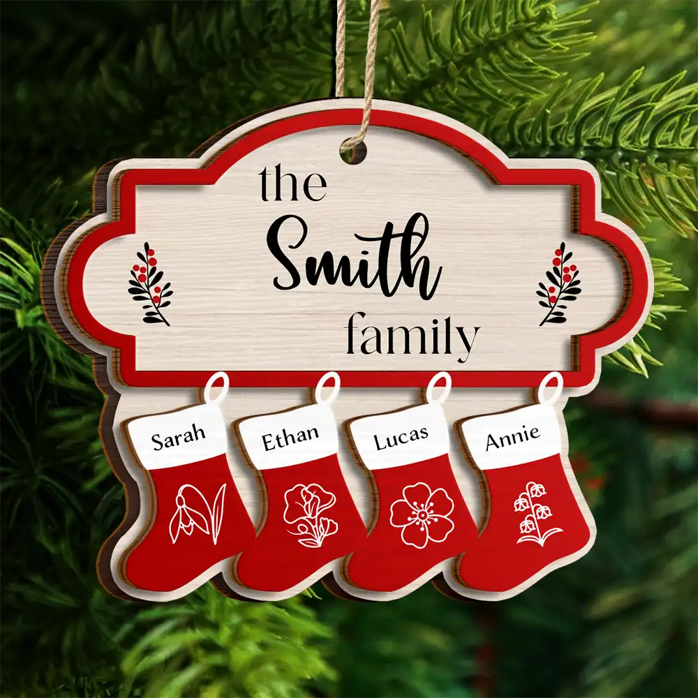 Birth Month Flower Family Stockings - Personalized 2-Layered Wooden Ornament - Image 4