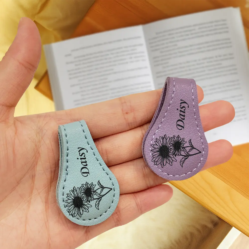 Birth Month Flower & Name - Personalized Circle Leather Magnetic Bookmark - Image 2