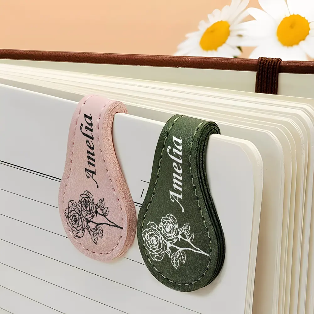 Birth Month Flower & Name - Personalized Circle Leather Magnetic Bookmark - Image 4