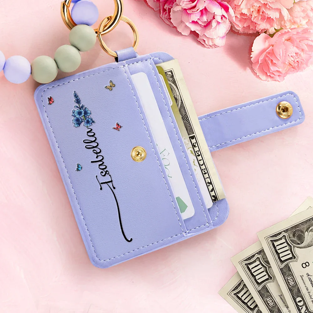 Birth Month Flower Name - Personalized Keychain Wristlet Leather Wallet - Image 2