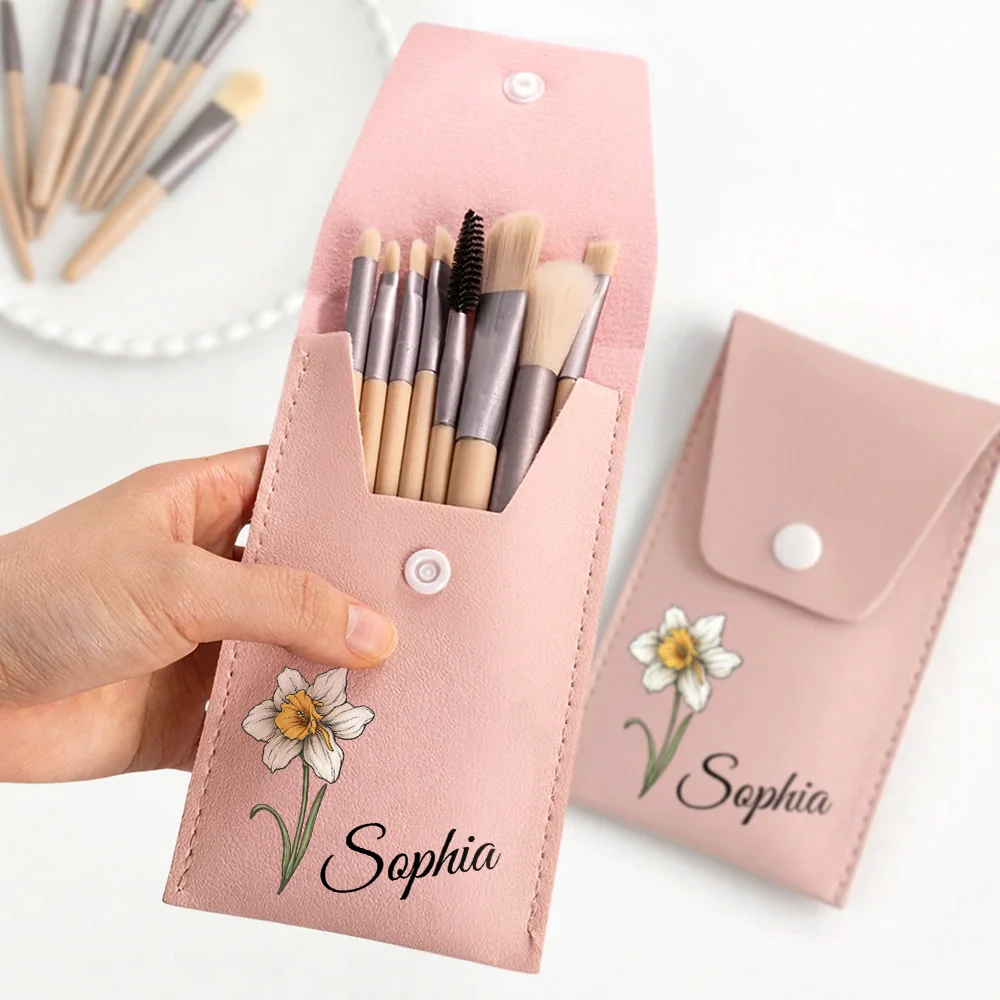 Birth Month Flower & Name - Personalized Makeup Brush Bag Set - Image 2