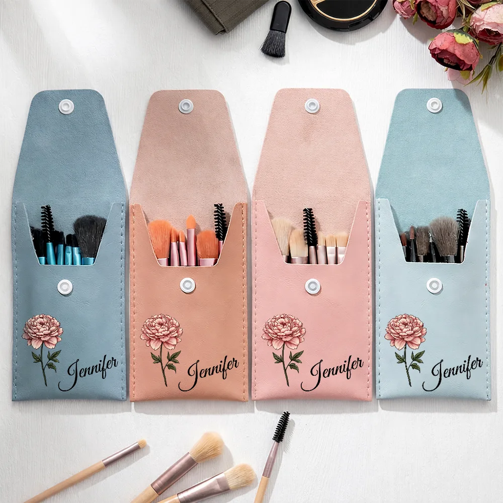 Birth Month Flower & Name - Personalized Makeup Brush Bag Set - Image 3