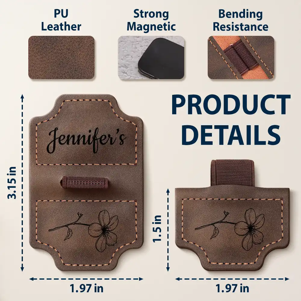Birth Month Flower Name Sketch - Personalized Magnetic Leather Pen Clip - Image 5