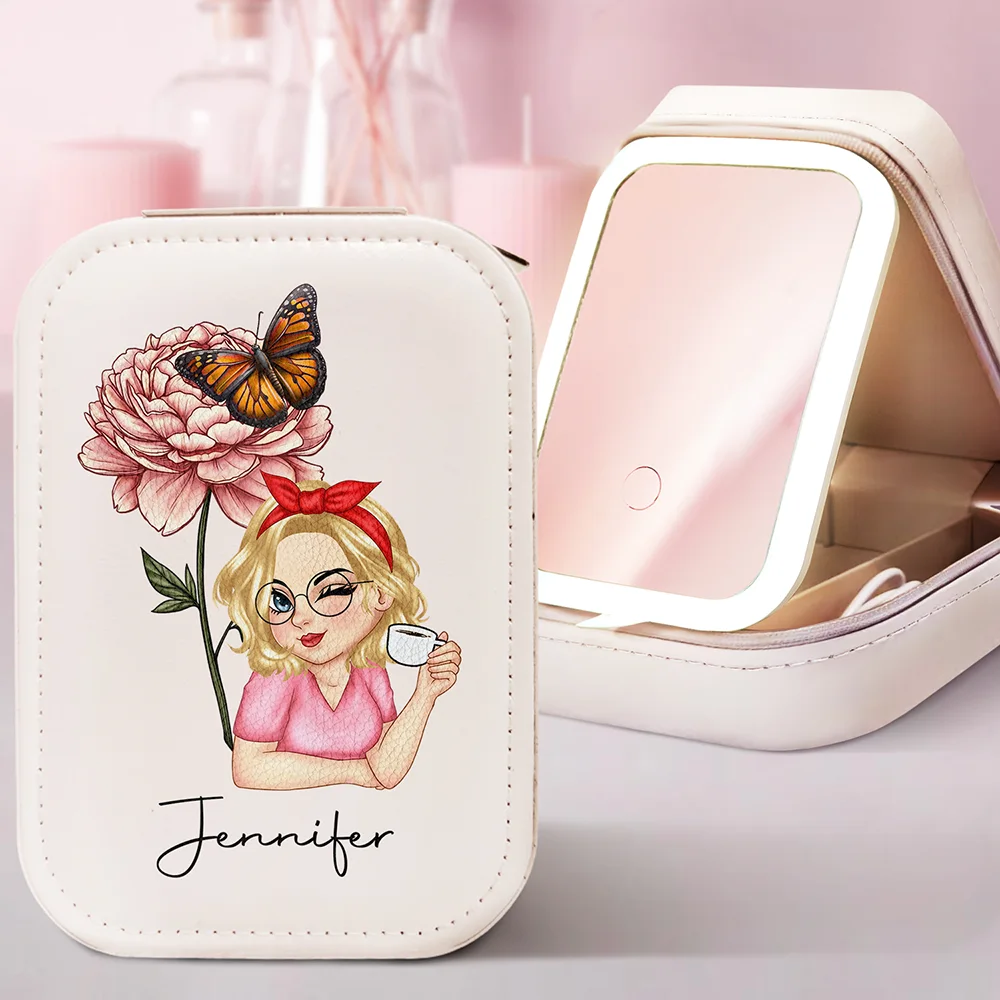 Birth Month Flower - Personalized Makeup Box With LED Mirror