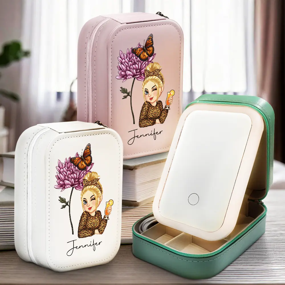 Birth Month Flower - Personalized Makeup Box With LED Mirror - Image 2