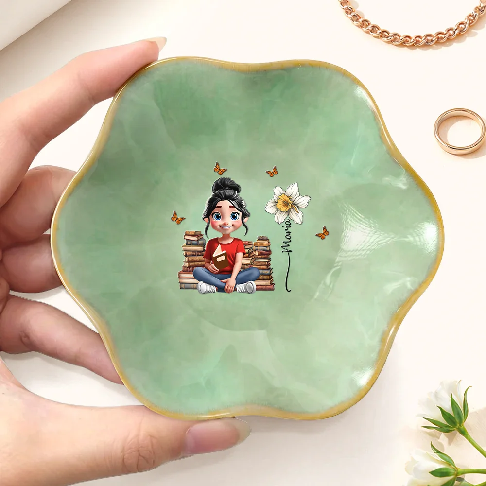 Birth Month Flower Reading Girl - Personalized Lotus Jewelry Dish - Image 3