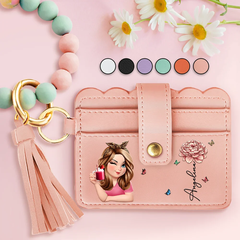 Birth Month Flower Turban Woman - Personalized Keychain Wristlet Leather Wallet