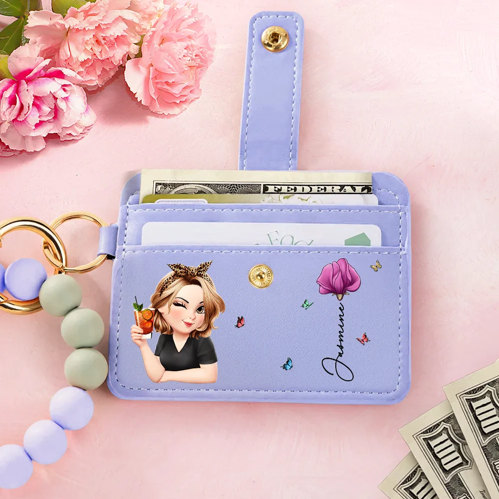 Birth Month Flower Turban Woman - Personalized Keychain Wristlet Leather Wallet - Image 2