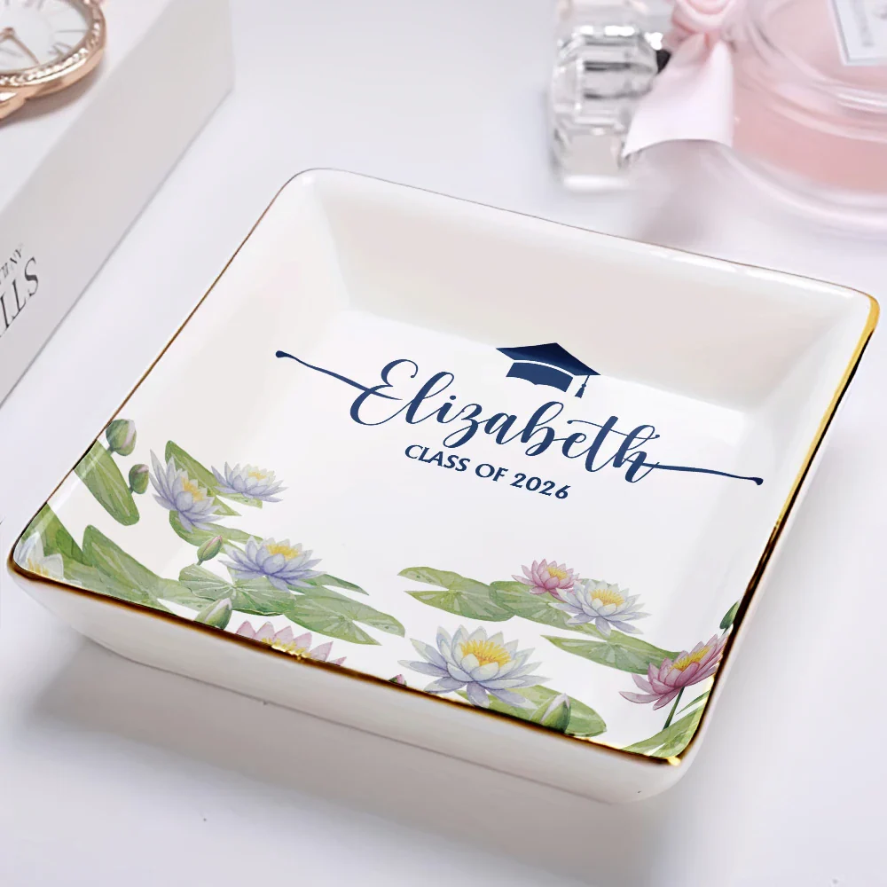 Birth Month Flower Watercolor Blooming In Love Graduation - Personalized Ring Dish - Image 2