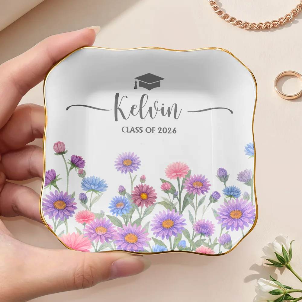 Birth Month Flower Watercolor Blooming In Love Graduation - Personalized Ring Dish - Image 3
