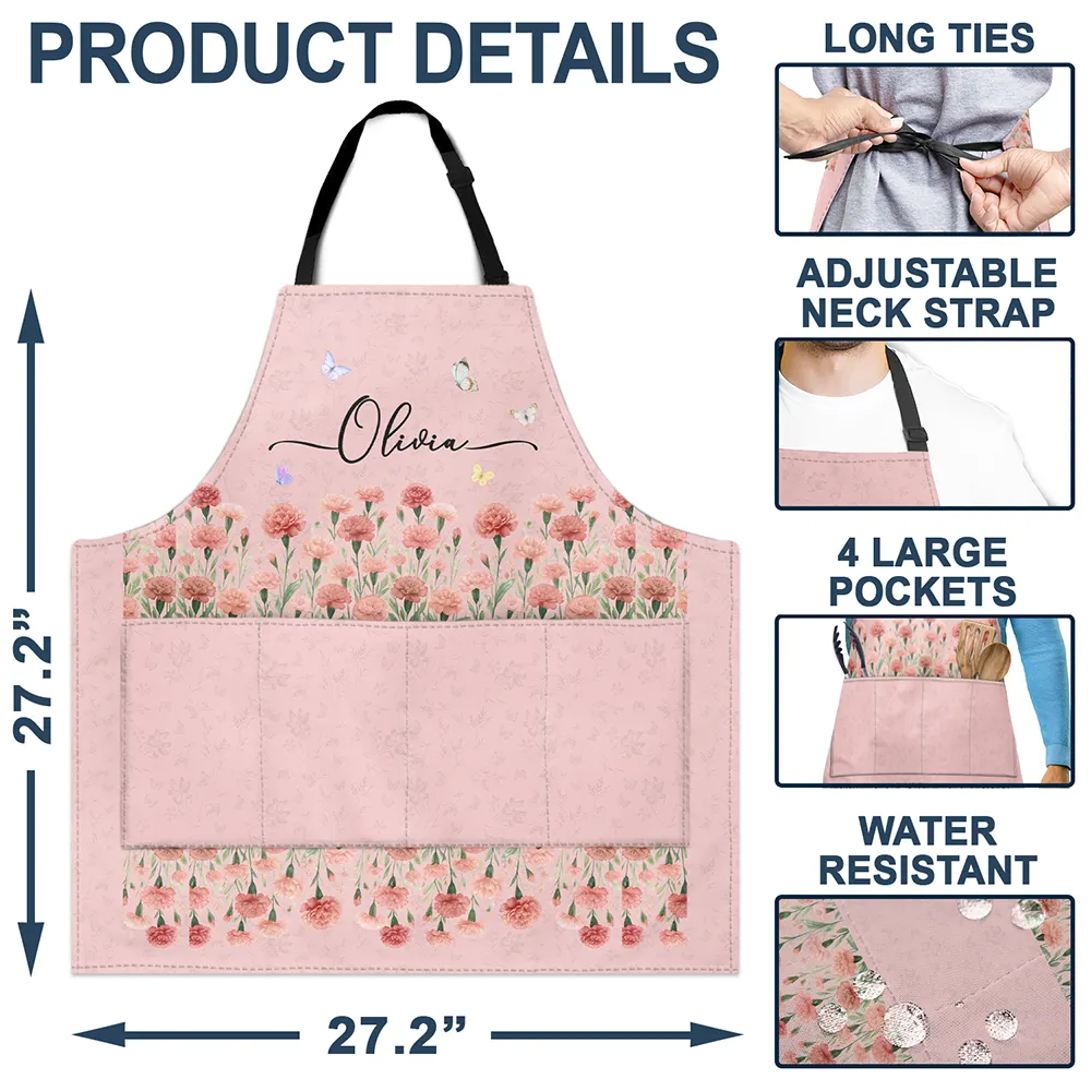 Birth Month Flower Watercolor Blooming In Love - Personalized Apron - Image 5