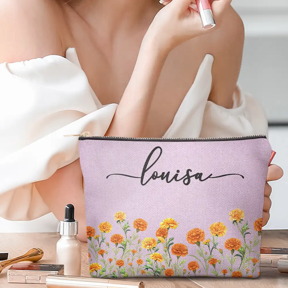 Birth Month Flower Watercolor Blooming In Love - Personalized Cosmetic Bag - Image 2