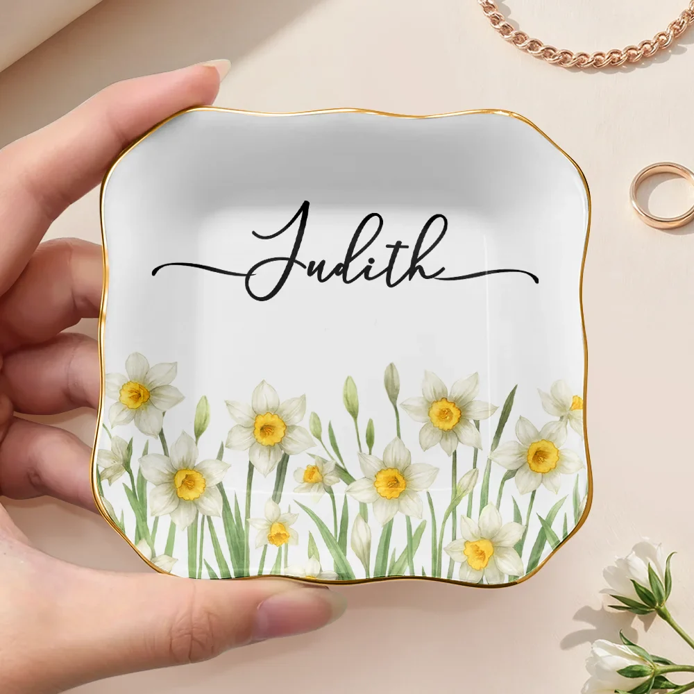 Birth Month Flower Watercolor Blooming In Love - Personalized Lace Square Jewelry Dish - Image 4