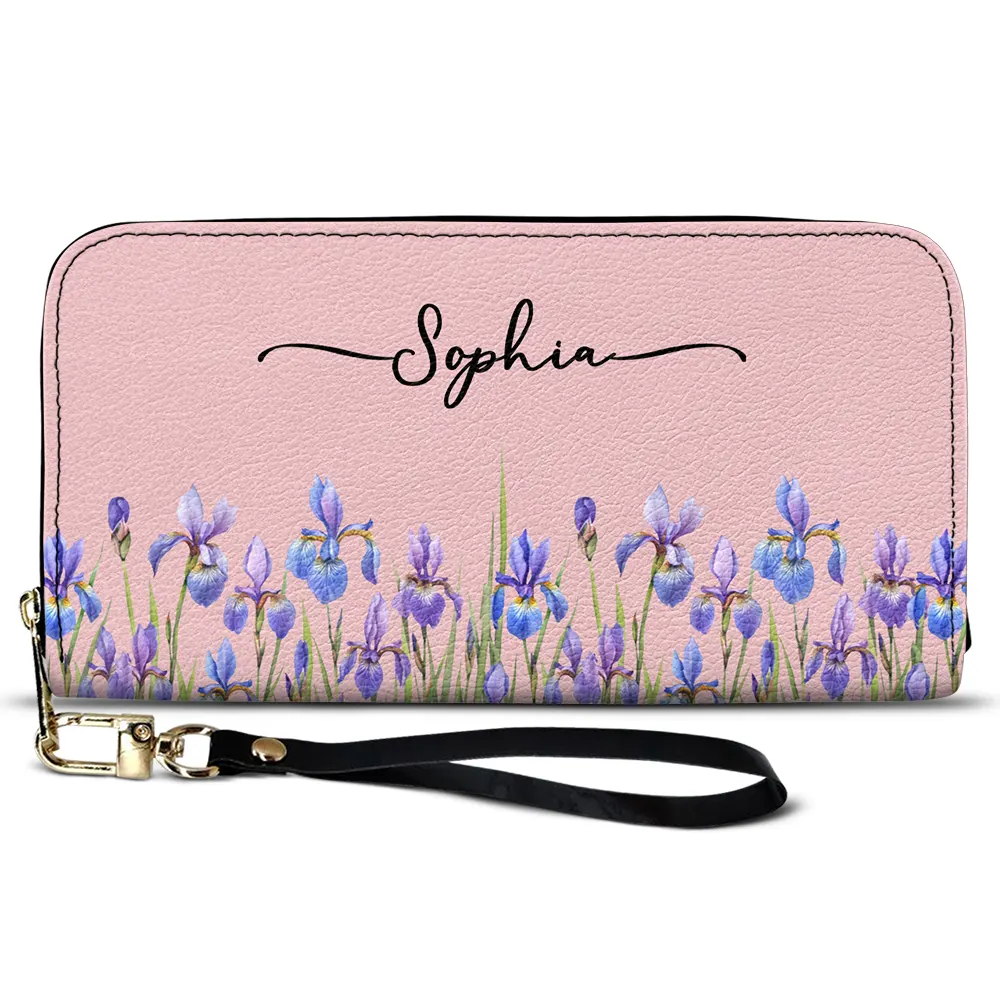Birth Month Flower Watercolor Blooming In Love - Personalized Leather Long Wallet