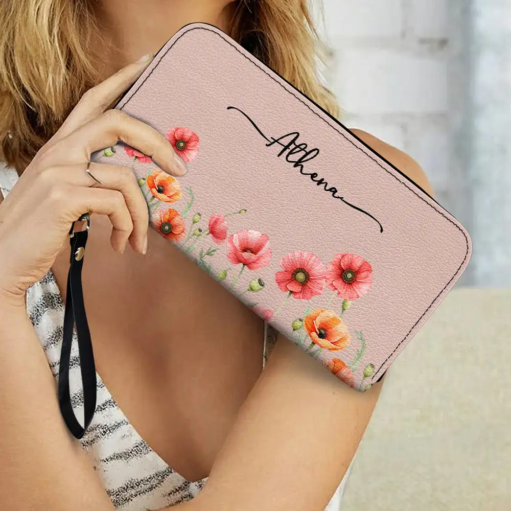 Birth Month Flower Watercolor Blooming In Love - Personalized Leather Long Wallet - Image 3