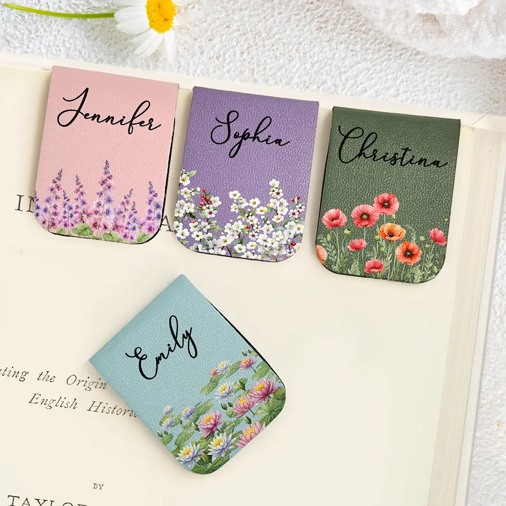 Birth Month Flower Watercolor Blooming In Love - Personalized Leather Magnetic Bookmark - Image 6
