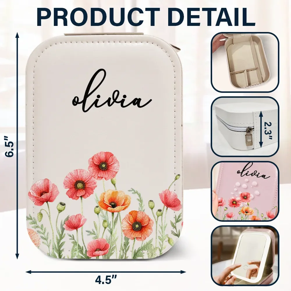 Birth Month Flower Watercolor Blooming In Love - Personalized Makeup Box With LED Mirror - Image 6