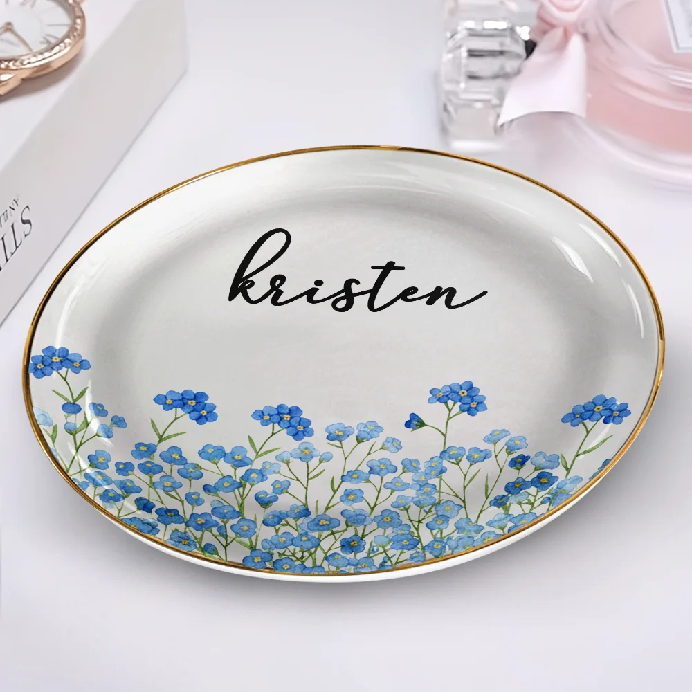 Birth Month Flower Watercolor Blooming In Love - Personalized Round Ring Dish - Image 2