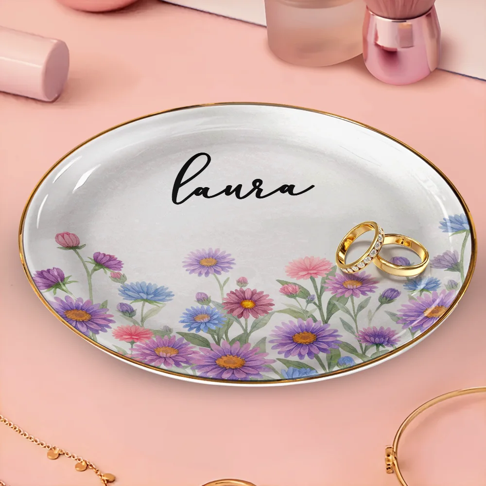 Birth Month Flower Watercolor Blooming In Love - Personalized Round Ring Dish - Image 3