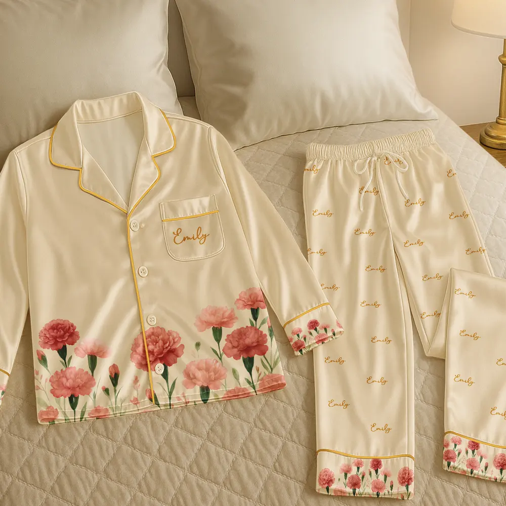 Birth Month Flower Watercolor Blooming In Love - Personalized Satin Pajama Set - Image 5