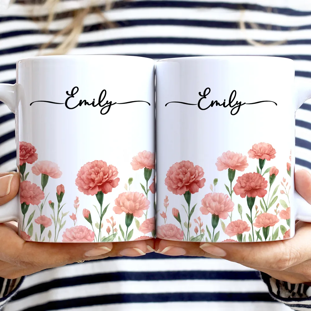 Birth Month Flower Watercolor Blooming In Love - Personalized White Edge-to-Edge Mug - Image 2