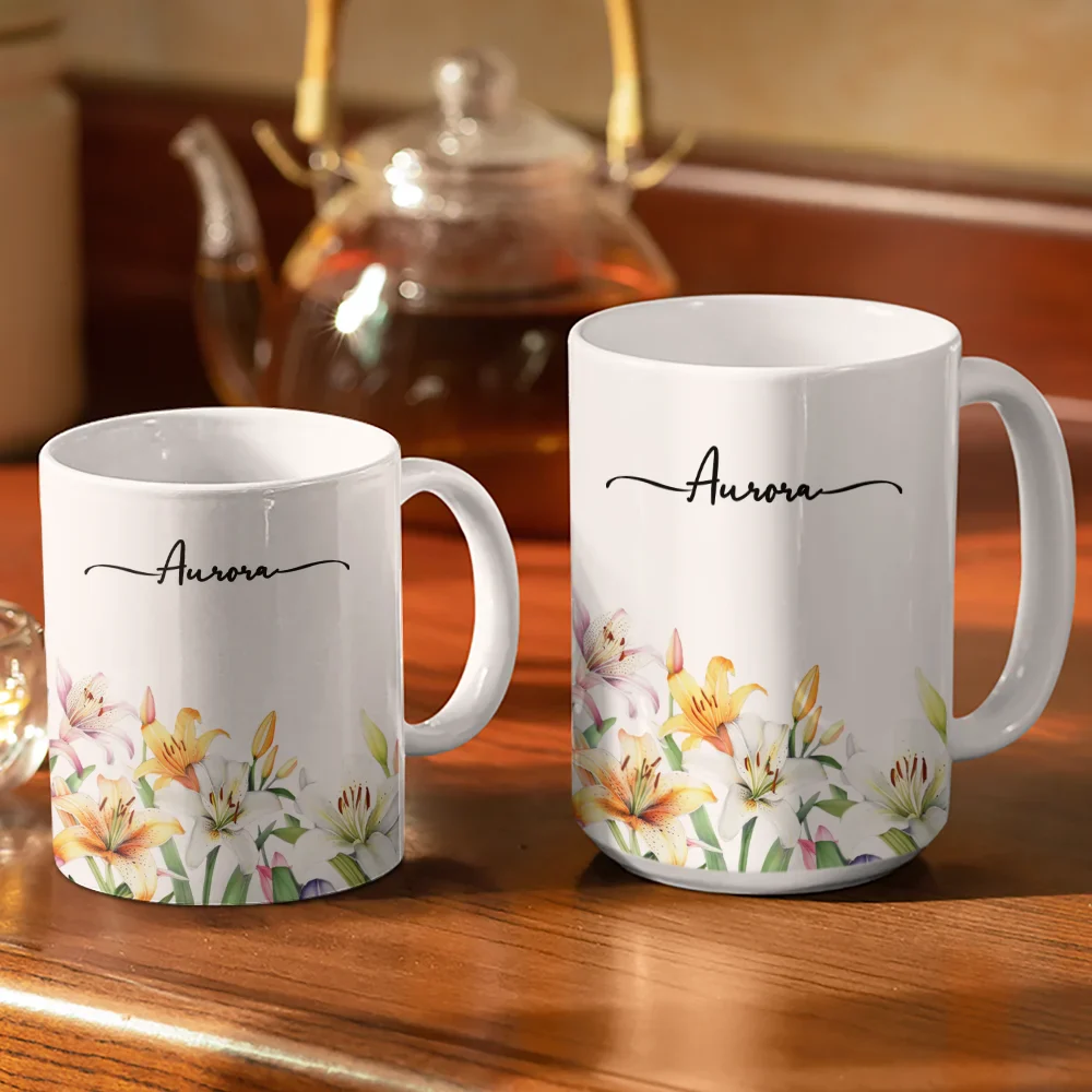 Birth Month Flower Watercolor Blooming In Love - Personalized White Edge-to-Edge Mug - Image 3