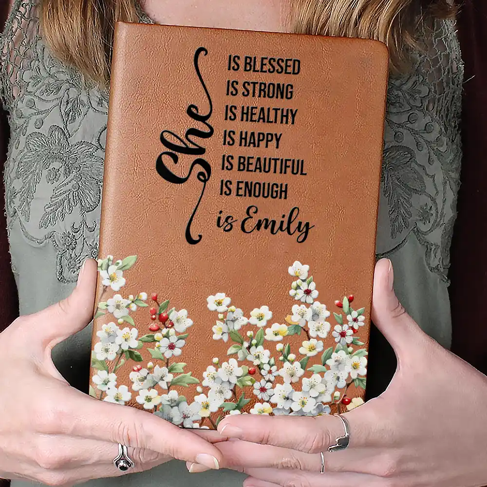 Birth Month Flower Watercolor She Is Blessed She Is Strong - Personalized Leather Journal - Image 4